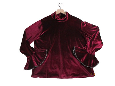 Holiday Velvet Top Womens 1X Burgundy Studded Poet Cuffs Elegant Spunk ModX