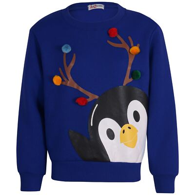 Kids Girls Boys School Christmas Royal Blue Jumper Penguin