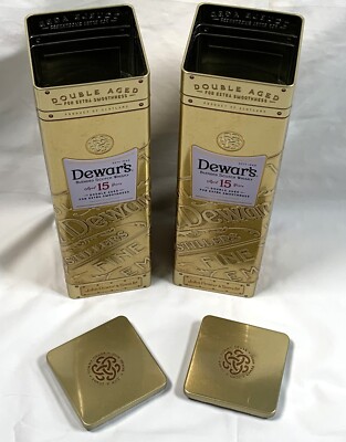 2 Dewar's Scotch Whisky Empty Bottle Tin Gold Celtic Knot 12.5'' Raised Design