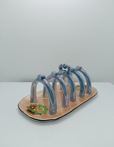 Vintage Pfirsich & Blau Glanzgeschirr Toastständer Hergestellt in Japan - Bild 5 von 13