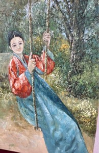 Artist Yung. E  Ant/Vtg Asian Oil Painting “Girl On A Swing” Signed ca. 1900/30s
