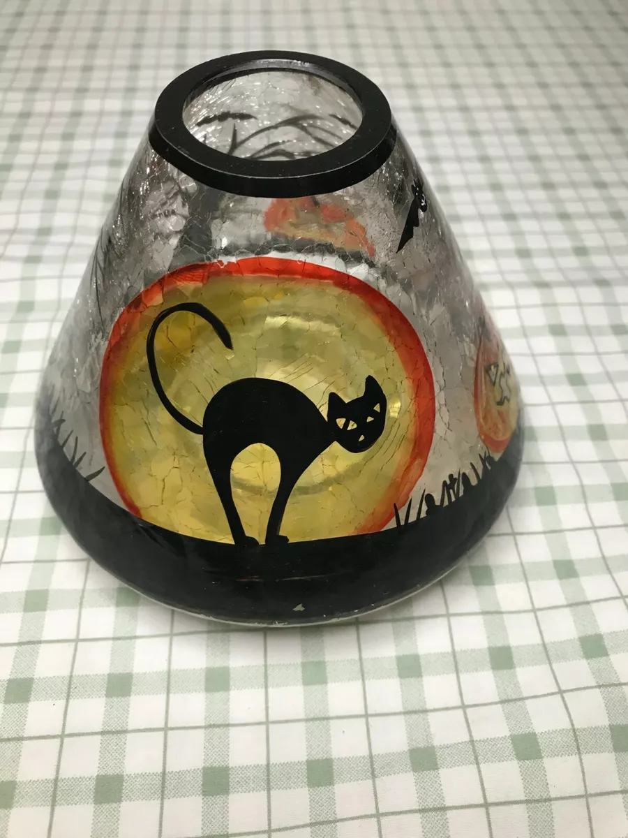 Yankee Candle Crackle Glass Lamp Shade Spooky Halloween Black Cat Tree Pumpkin