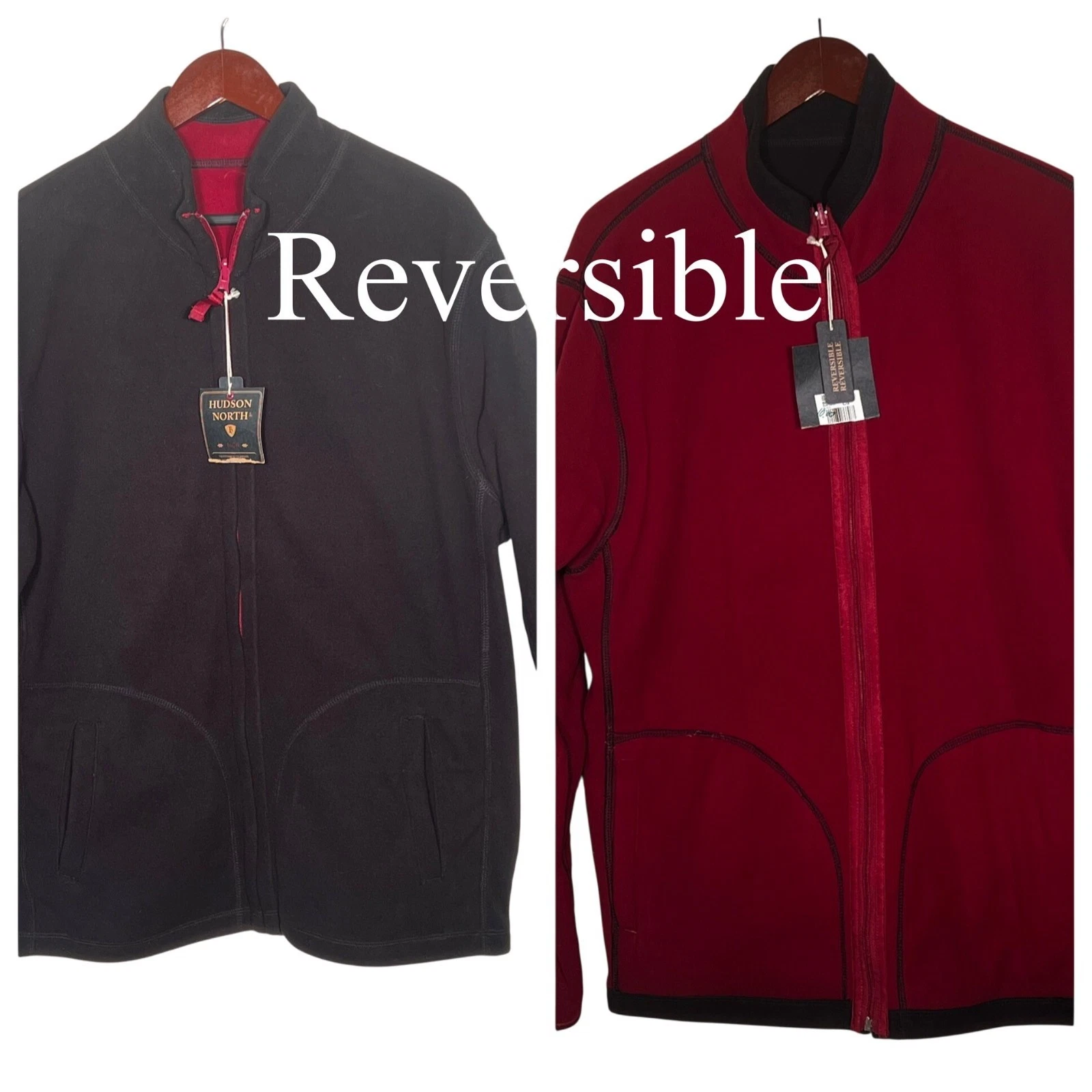 Hudson North Mens Reversible Black Red Full-Zip Fleece Jacket Large Casual Comfy
