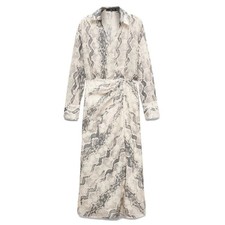NWT Mango MNG Snake Print Midi Wrap Dress Grey Cream Long Sleeve Womens Size 4