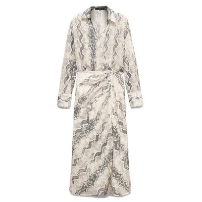 NWT Mango MNG Snake Print Midi Wrap Dress Grey Cream Long Sleeve Womens Size 4