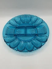 L E Smith Aqua Blue Glass Deviled Egg Relish Tray Platter Heritage