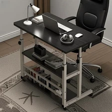 Portable Computer Table W/ Wheels 3-Layer Storage Shelves Space-Saving Furniture