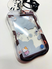 Kawaii Cat Cartoon Novelty Key Chain w/ Coiled Lanyard Keyring, Detachable, B/W