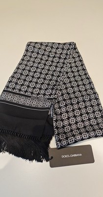 Dolce&Gabbana Black White Silk Geometric Neck Wrap 142cm X 15cm Scarf