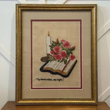 Professionally Framed Crewel Bible Candle Embroidered Art “Thy Word Is A Lamp..”