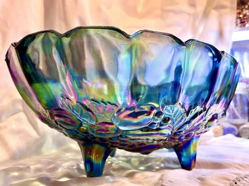 Vintage Indiana Carnival Glass Footed Bowl Fruit Blue Iridescent Harvest Grape