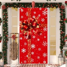 Christmas Decorations Gift Box Snowflakes Red Door Cover Xmas Gift 6 x 3 Feet