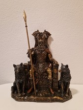 Odin Germanischer Gott auf Thron mit Wölfen Geri Freki Figur Bronziert