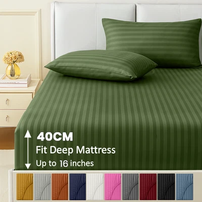 AH-HOMEWARE Complete 3 Piece Set Stripe Fitted Sheet 40CM Deep With Free Pillow Cases Pair