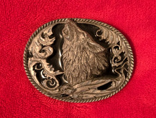 Vintage Siskiyou Wolf Howling Feather Design 1995 Pewter Belt Buckle L-2