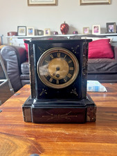 Outstanding Antique Slate & Pink Marble Timepiece Mantle Clock In Working Order