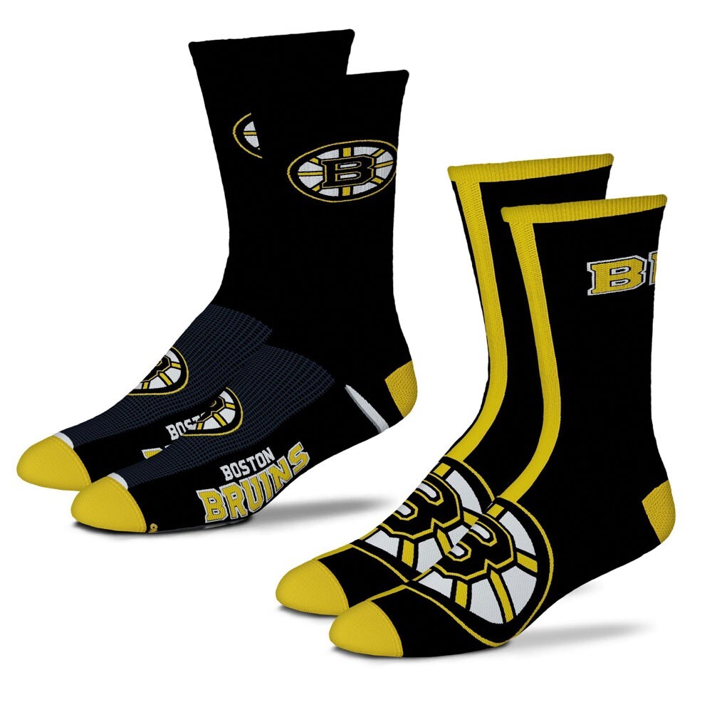 Boston Bruins NHL 2 Pack Duo Large Crew Tall Socks Black Yellow Mens Size Large