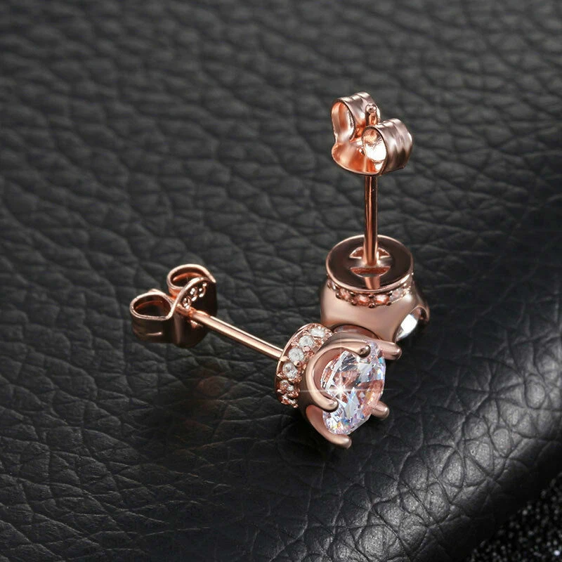 Pendientes de plata de ley 925 con corona de poste de corte redondo circonita cúbica de cristal de oro rosa de 7 mm Foto 3 de 4