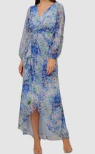 Adrianna Papell Womens Blue Metallic Draped Surplice Long Sleeve Dress Size 6
