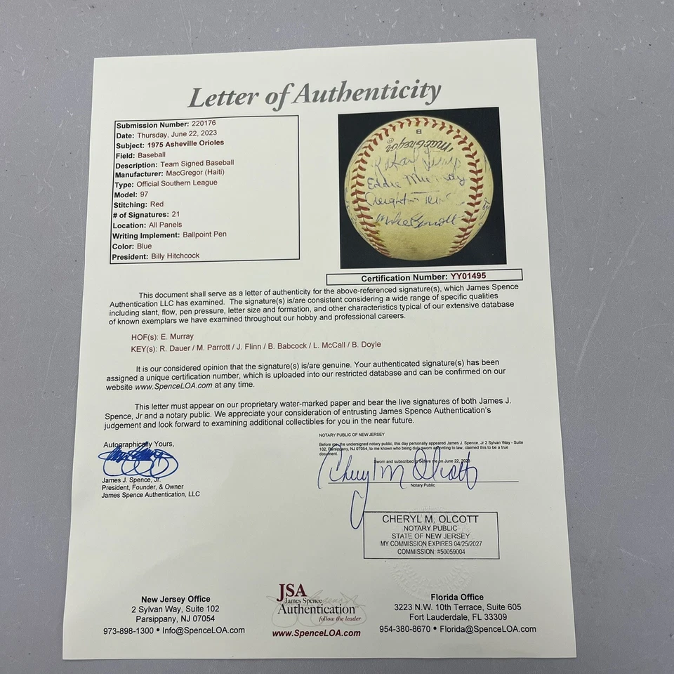 Eddie Murray Pre Rookie 1975 Asheville Orioles Signed Minor League Baseball JSA - Image 3 of 4