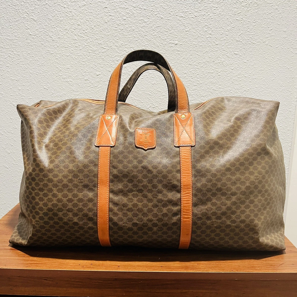 CELINE Vintage Macadam Pattern Travel Bag Triomphe Logo Brown Duffle Large  Bag