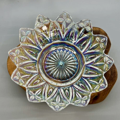 Vintage Federal Carnival Glass Clear Iridescent Petal Bowl 5.75"