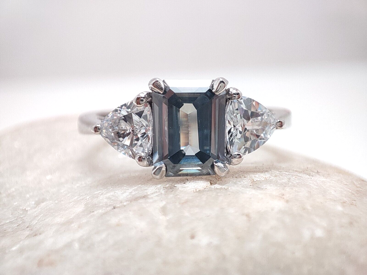Three Stone Ct Emerald Cut Grey Moissanite Engagement Ring 925