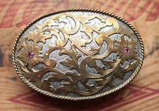 Vintage Sterling Silver Overlay Bronze Flower Trim Western Belt Buckle