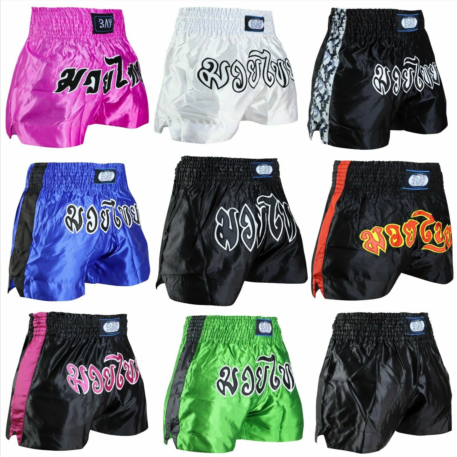 Pantalones cortos de Muay Thai BAY® rojo negro verde azul amarillo blanco nuevos