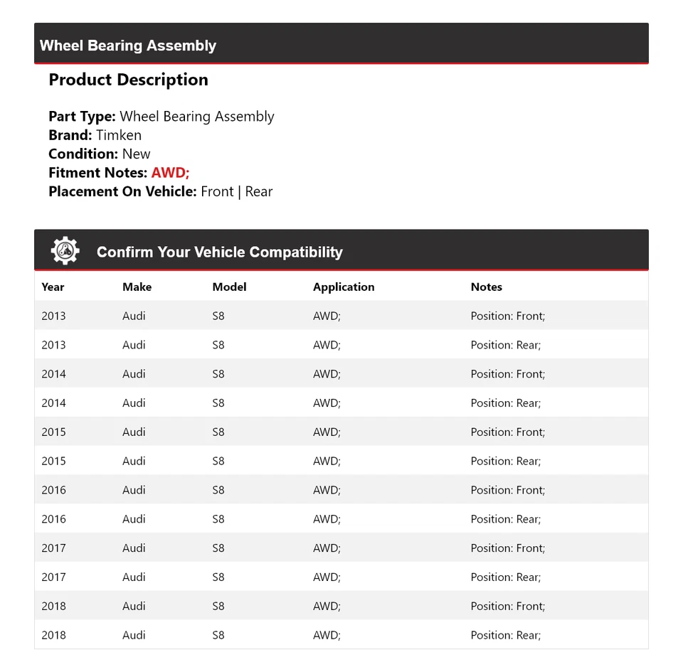 Conjunto de cojinete de rueda Timken 2014 2015 2016 2017 para Audi S8 2013-2018 AWD Foto 2 de 4