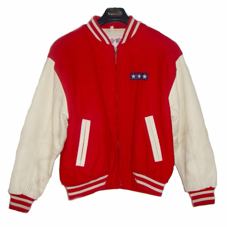 Chaqueta de bombardero universitaria de colección años 70 roja blanca y azul mangas de cuero con 2 banderas talla M Foto 4 de 4