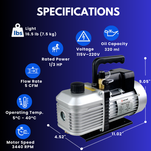 Everwell 1LVP-5MP Vacuum Pump – 5.0 CFM, 1/3 HP, 1 Stage, Dual Voltage HVAC Tool - Picture 3 of 8