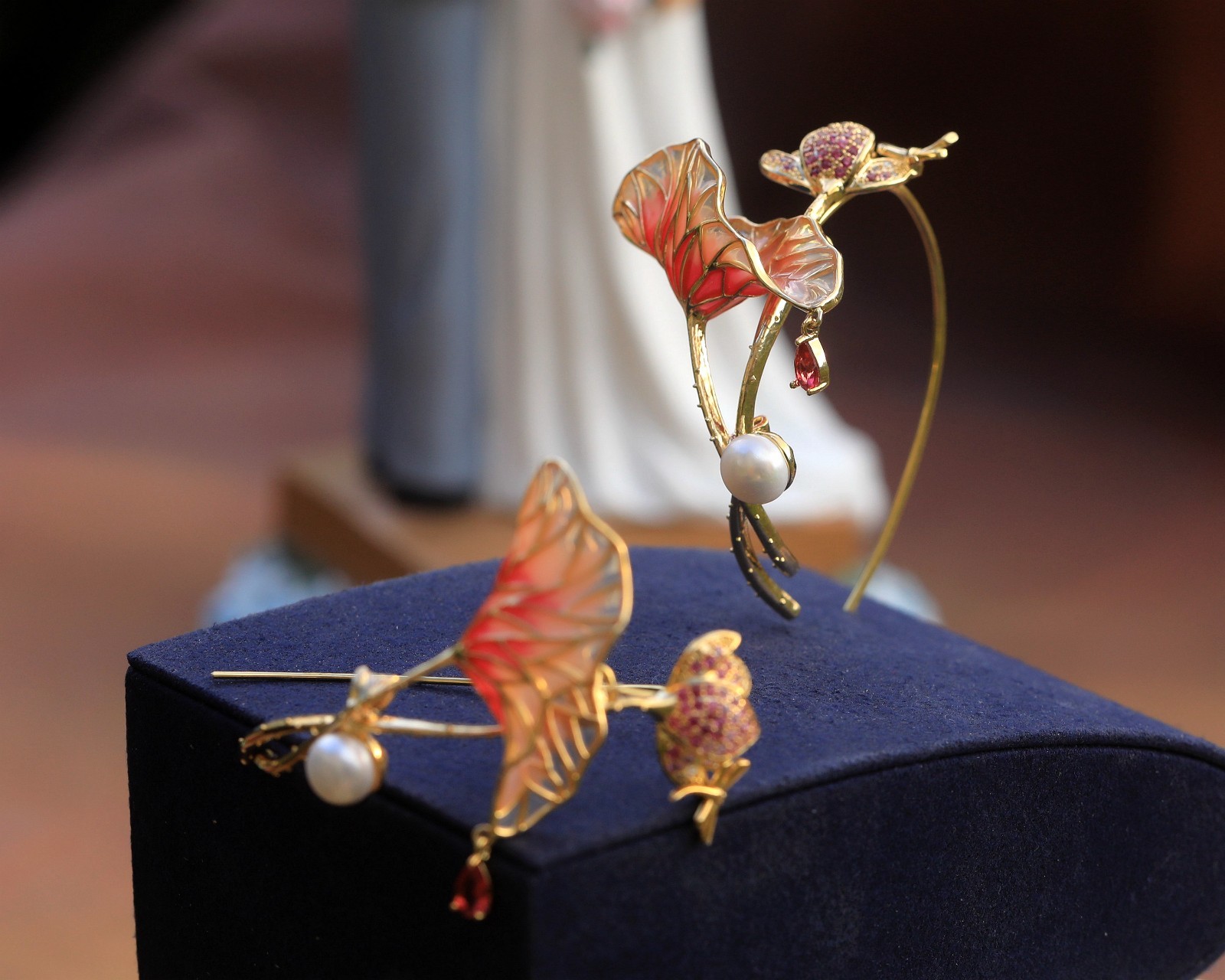 Ohrringe Blume Lotus Blatt Rosa Orange Wahre Perle Kunst Neu XZ19