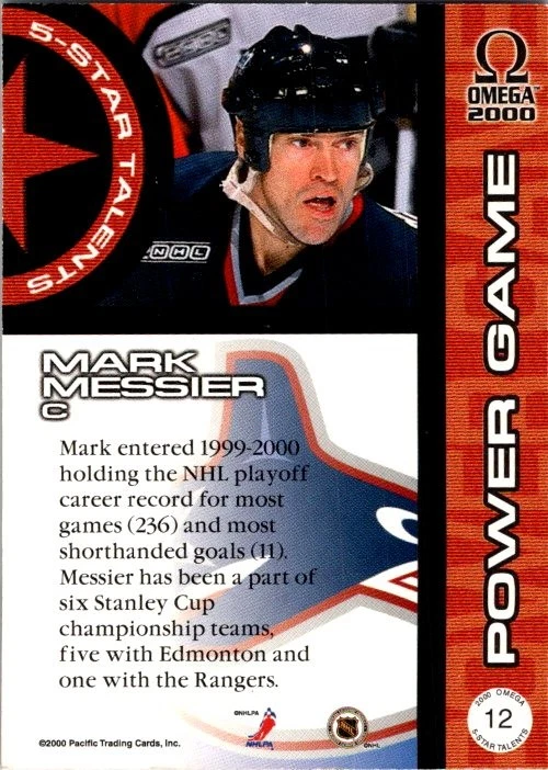 1999-00 Pacific Omega #12 Mark Messier 5-Star Talents hockey card 11A - Image 2 of 2