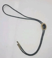 Vintage Horseshoe Black Onyx Stone & Brass Bolo Tie 40 Inch Black Cord Western