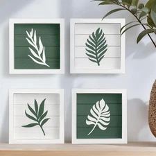 3D Green Botanical Wall Art (Framed Set of 4) Lightweight, Ready-to-Hang Leaf...