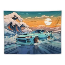 Large Tapestry Wall Hanging Decor R33 Great Wave Japanese Car Jdm Ocean Sunse...