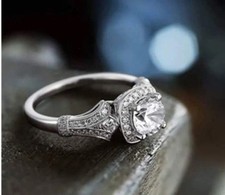 2Ct Round Cut Moissanite Diamond Art Deco Engagement Ring 14K White Gold Plated