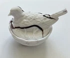 Vintage Milk Glass Purple Slag Bird On Nest Dish With Textured Basket Base