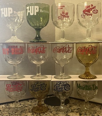 Set Of 12 Soda Pop Glass Goblets Pepsi Coke Coca Cola Dr Pepper 7 Up Mt Dew