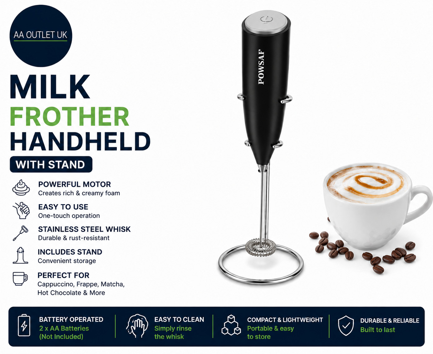 Milk Frother Handheld Coffee Stand POWSAF Hand Wand Electric Whisk Black