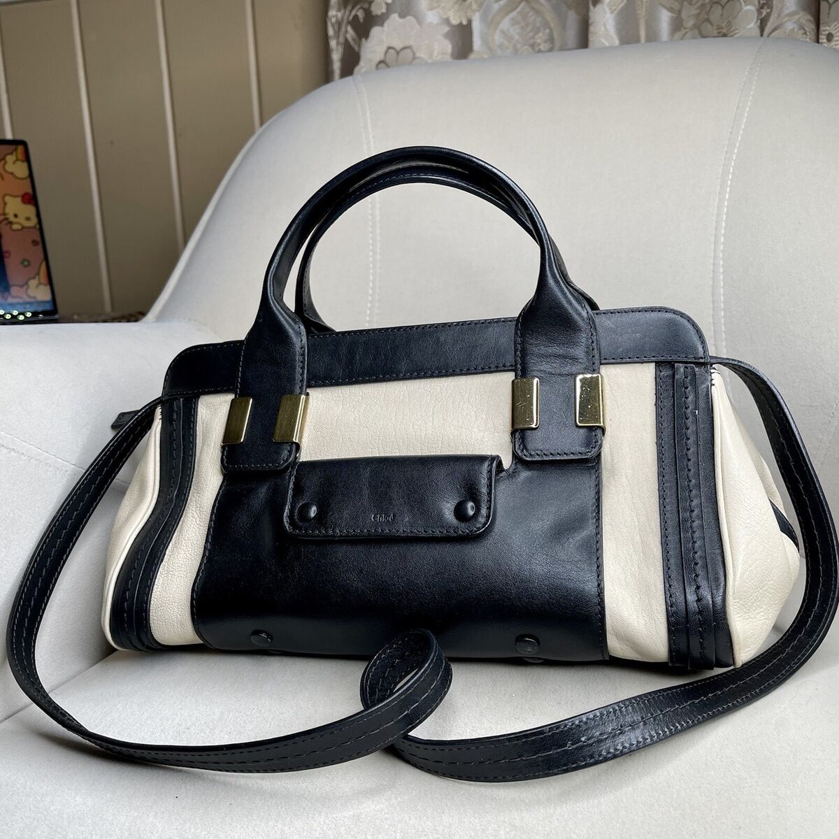 CHLOE Alice Cream & Black Leather Convertible Satchel Bag CHLOE Alice Cream & Black Leather Convertible Satchel Bag