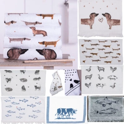 Gästehandtücher Clayre & Eef 100 % Baumwolle Hund Dackel Katze Fisch maritim Kuh