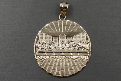 10K Solid Yellow Gold Diamond Cut Round Last Supper Charm Pendant. 4 Sizes