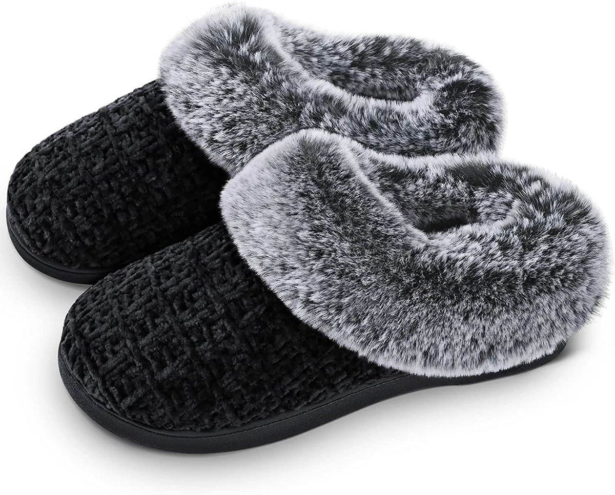 DL Women s House Slippers with Fuzzy Plush Faux Fur Collar Memory Foam Slip on
