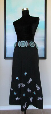 Michael Simon Black Knit Skirt Southwest Beaded Turquoise Frogs & Lizards Sz 8