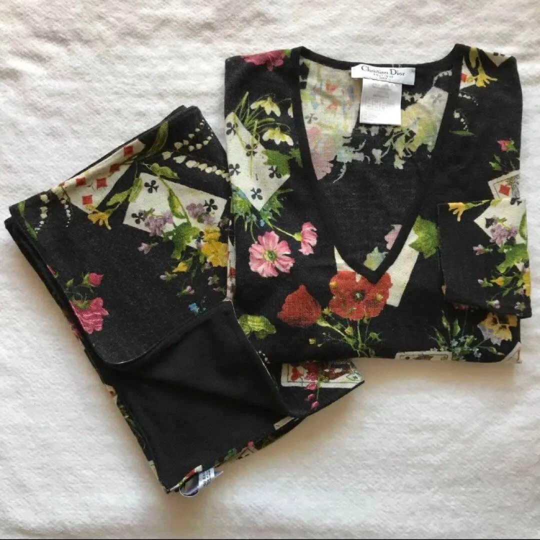 Authentique ensemble tricot et écharpe Christian Dior imprimé intégral laine cachemire soie 44