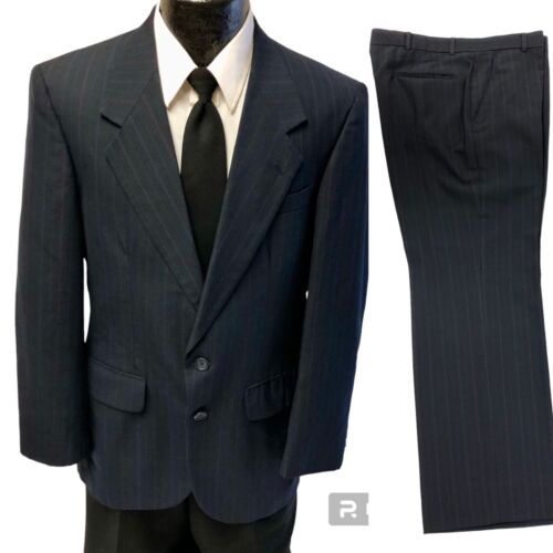 2 Pc Vtg 60's Towncraft Navy Blue MULTICOLOR Pin Stripe Wool Suit 38 Trousers 36 - Picture 1 of 9