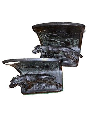 Vintage L.V. Aronson 1923 Cast Metal Pointer Setter Hunting Dog Book Ends Pair