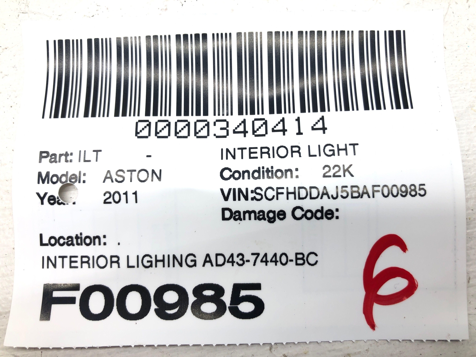 2010-2020 ASTON MARTIN RAPIDE INTERIOR LIGHTING AD43-7440-BC OEM